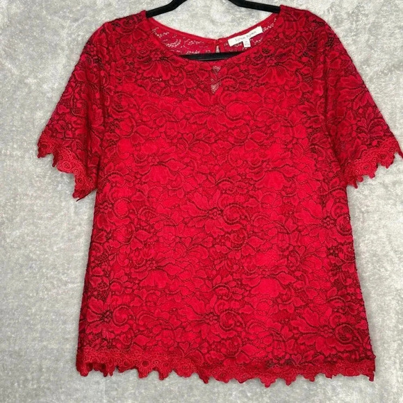 Lynn Ryan 1X Shirt‎ Top Red Floral Lace Short Sleeve Round Neck Button Back - Picture 1 of 8